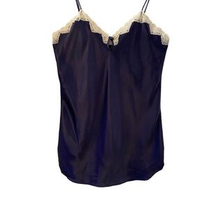 Vintage Van Raalte women's L sleepwear dark blue chemise slip slinky satin lace